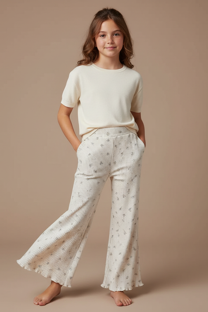 Pantalon Fluide Écru Côtelé Imprimé Floral Ample Enfant - Beige Maille