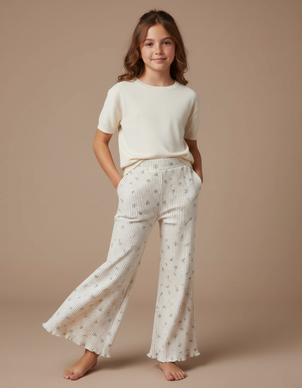 Pantalon Fluide Écru Côtelé Imprimé Floral Ample Enfant - Beige Maille