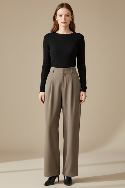 Pantalon Fluide Gris Ample Taille Haute Élégant Femme - Kaki Polyester