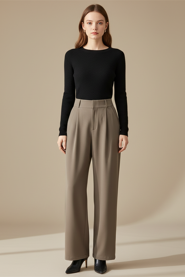 Pantalon Fluide Gris Ample Taille Haute Élégant Femme - Kaki Polyester