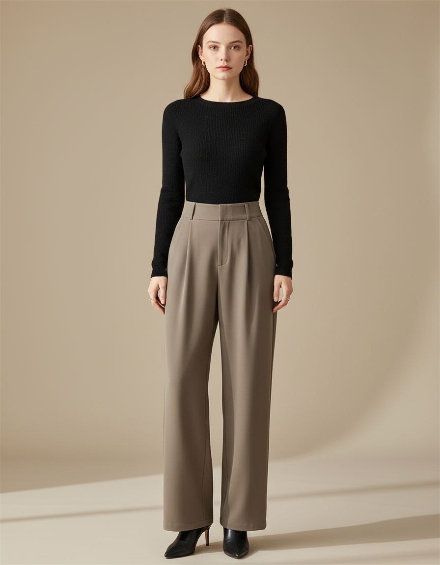 Pantalon Fluide Gris Ample Taille Haute Élégant Femme - Kaki Polyester