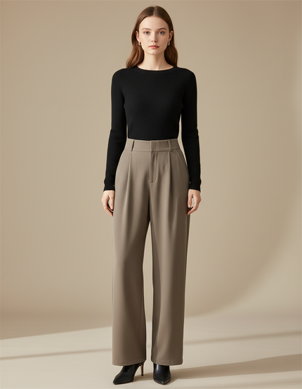 Pantalon Fluide Gris Ample Taille Haute Élégant Femme - Kaki Polyester