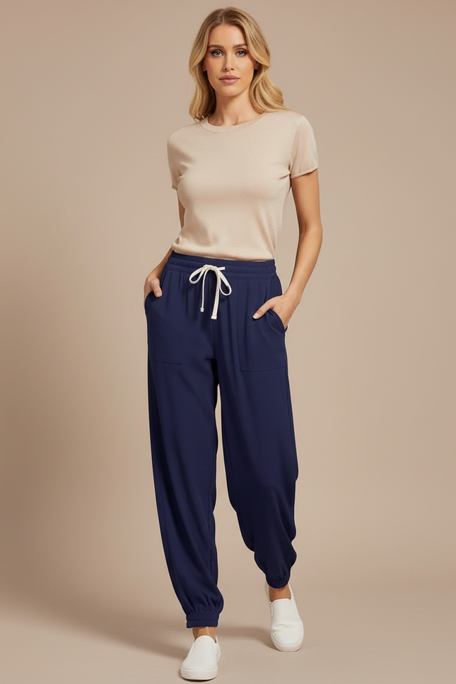 Pantalon Fluide Bleu Marine Ample Cordon Cheville Femme - Viscose