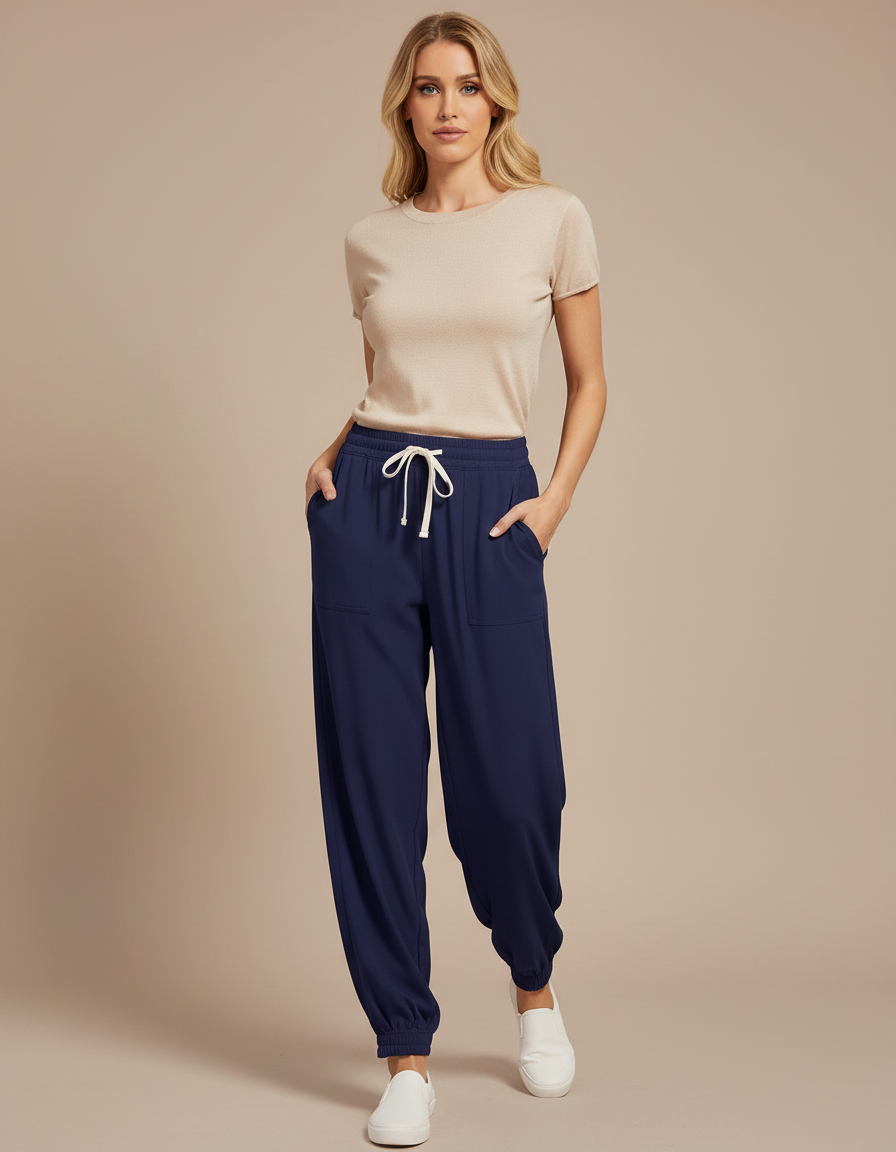 Pantalon Fluide Bleu Marine Ample Cordon Cheville Femme - Viscose