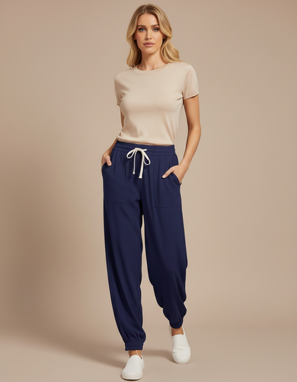 Pantalon Fluide Bleu Marine Ample Cordon Cheville Femme - Viscose