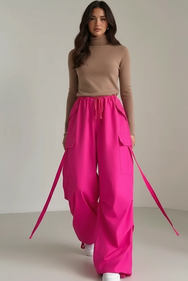 Pantalon Fluide Rose Cargo Ample Cordon Streetwear - Toile