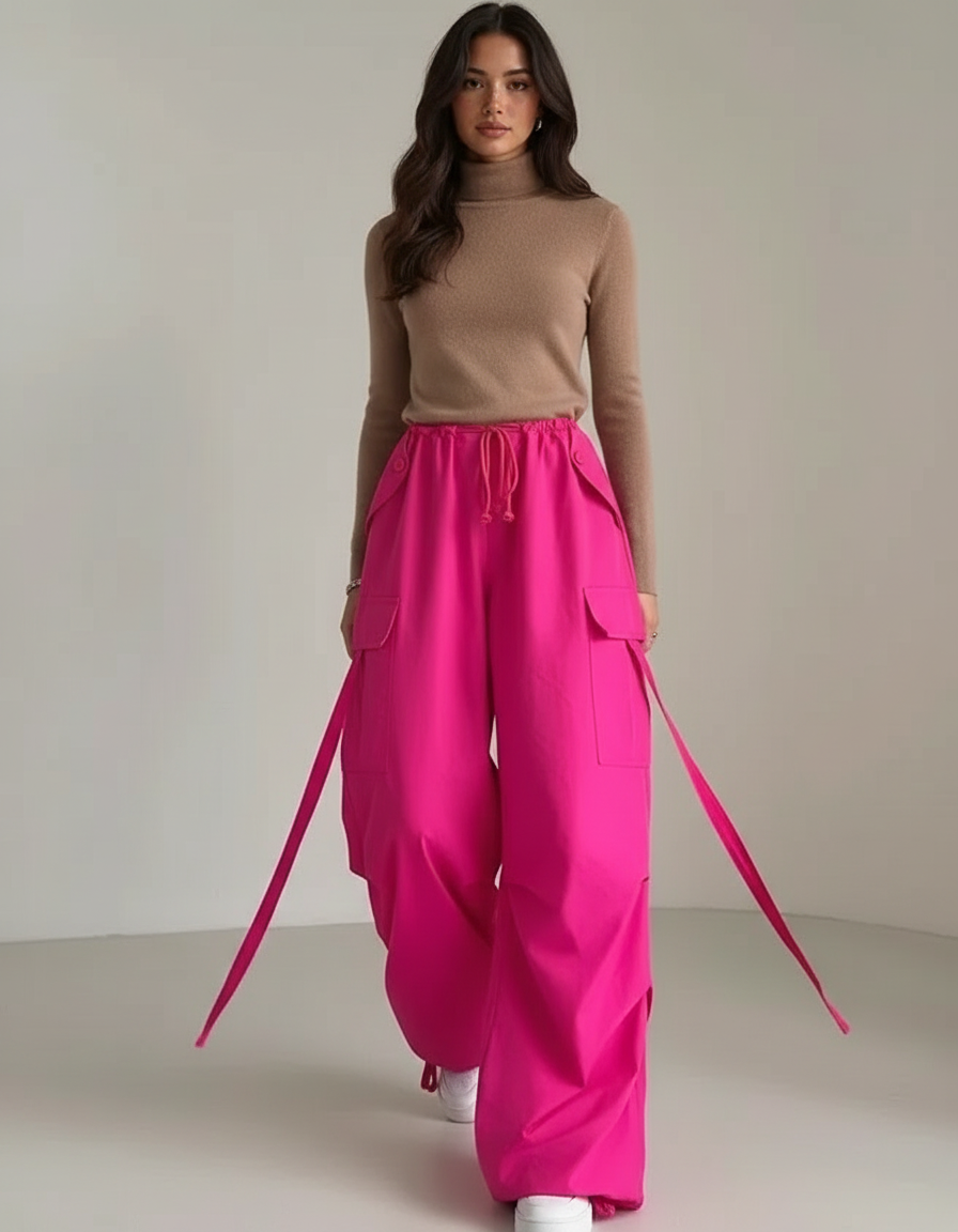 Pantalon Fluide Rose Cargo Ample Cordon Streetwear - Toile