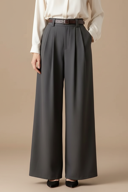Pantalon Fluide Gris Taille Haute Ample Élégant Femme - Polyester