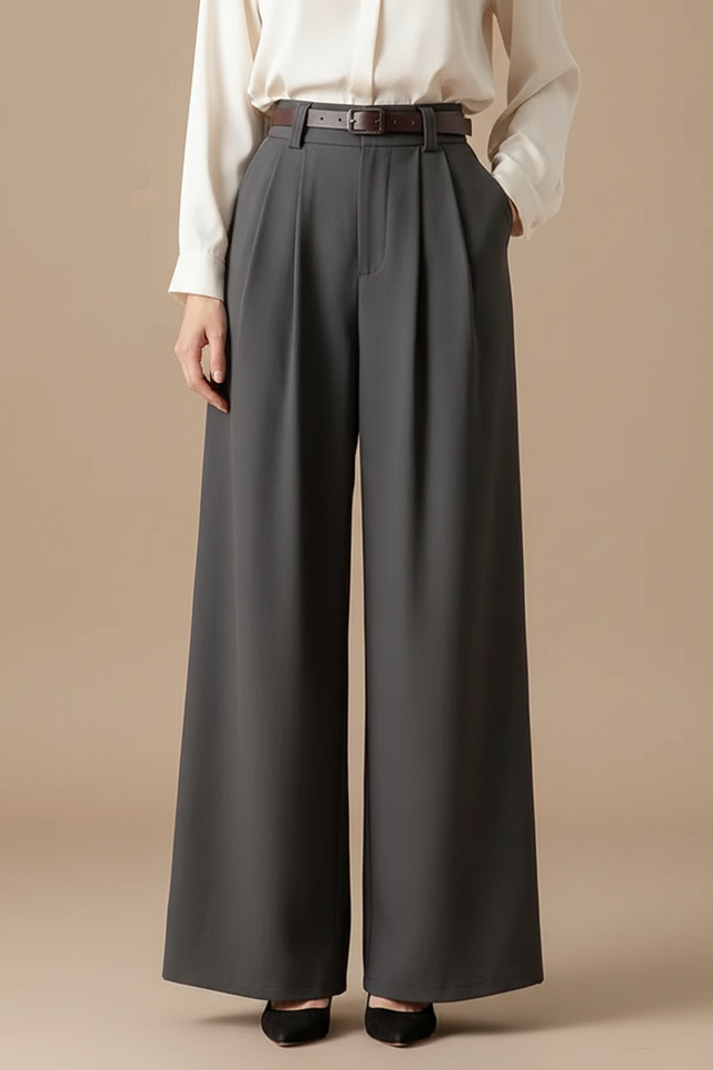 Pantalon Fluide Gris Taille Haute Ample Élégant Femme - Polyester