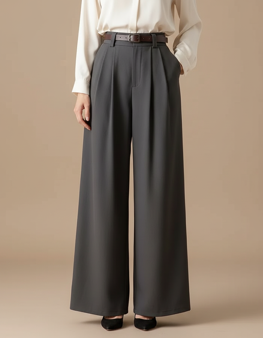 Pantalon Fluide Gris Taille Haute Ample Élégant Femme - Polyester