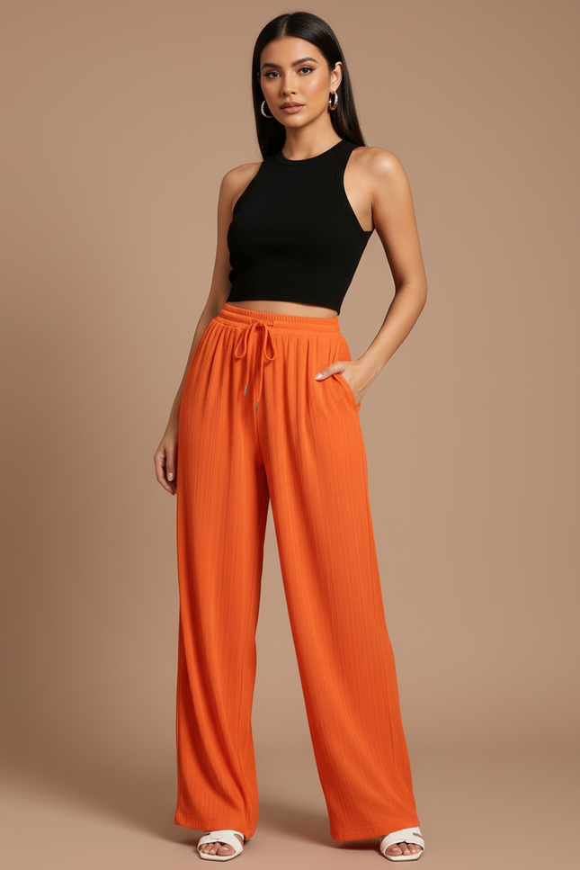 Pantalon Fluide Orange Ample Côtelé Cordon Décontracté - Maille