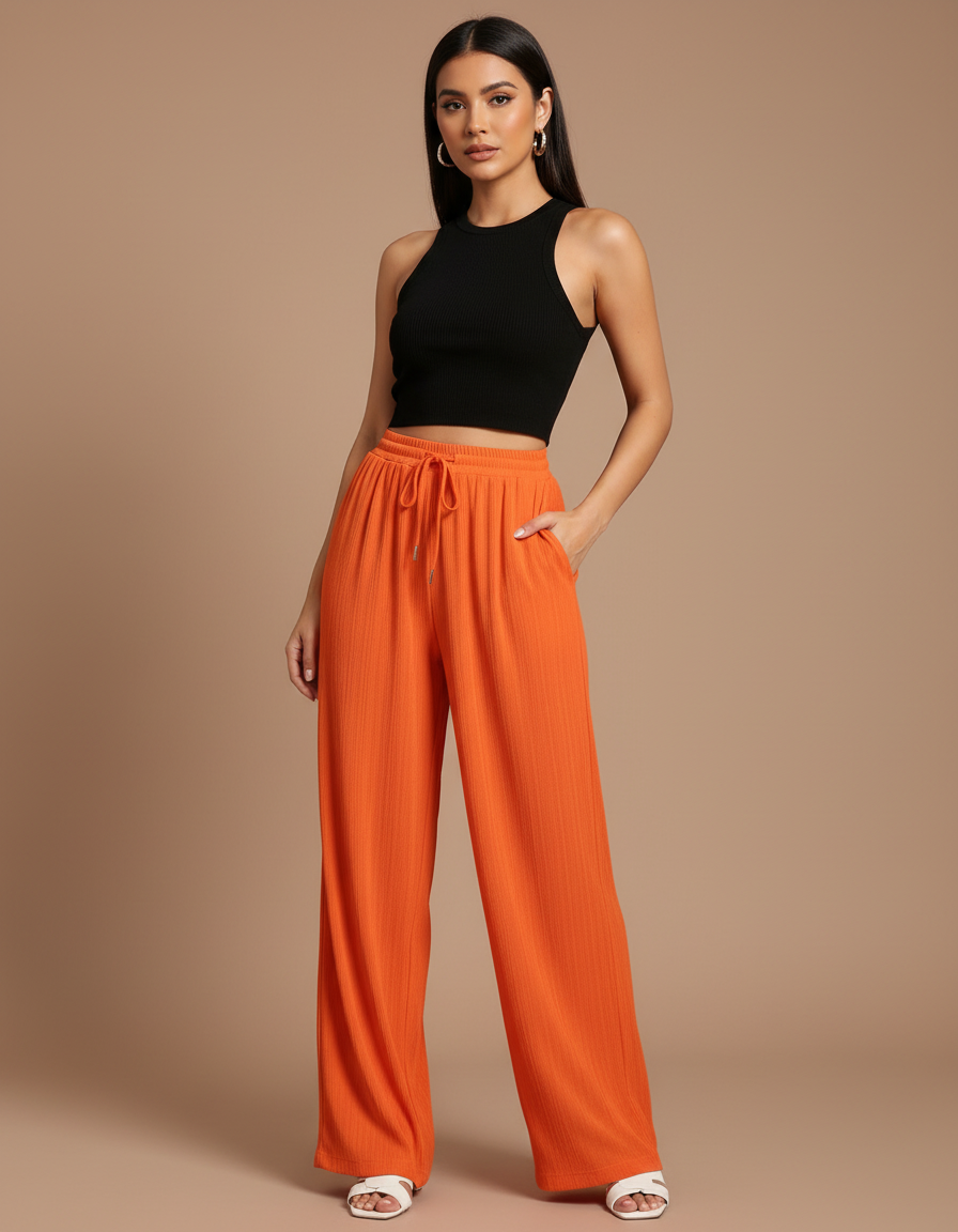 Pantalon Fluide Orange Ample Côtelé Cordon Décontracté - Maille