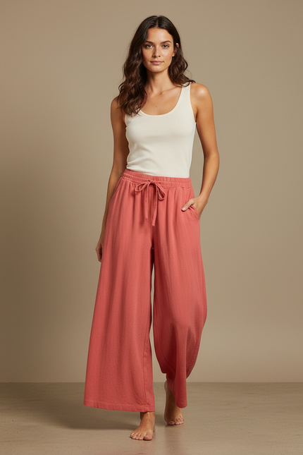 Pantalon Fluide Corail Ample Coton Texturé Décontracté - Orange
