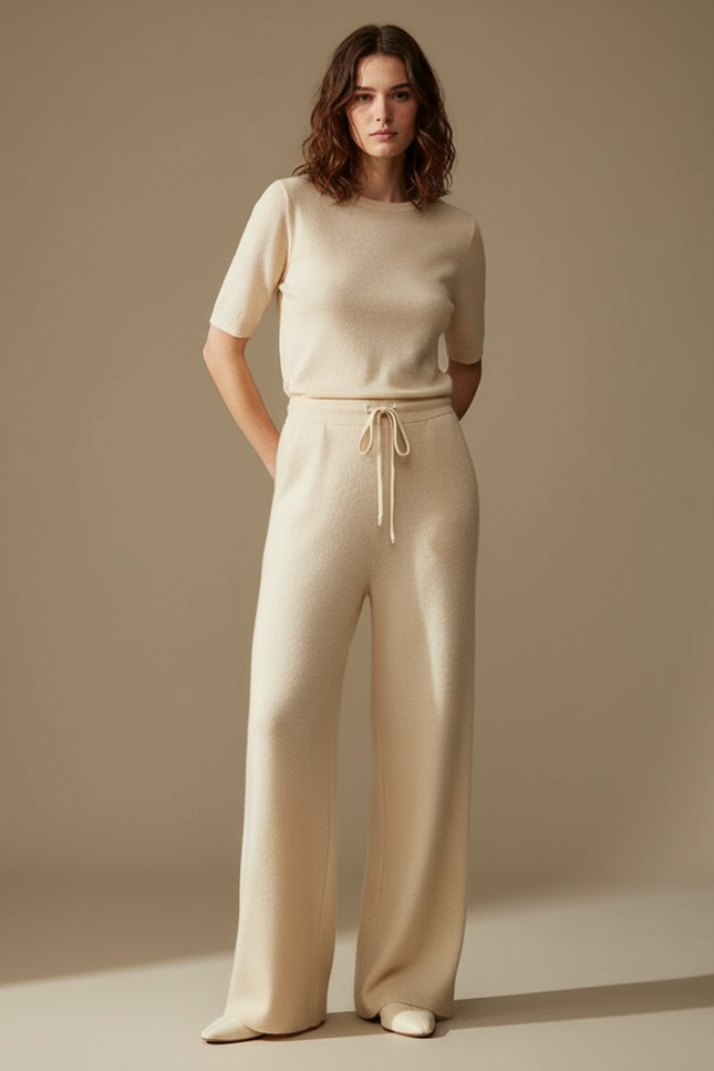 Pantalon Fluide Écru Maille Large Confortable Cordon - Beige