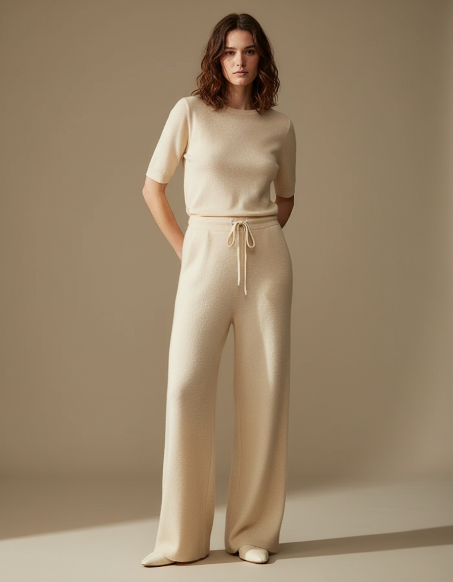 Pantalon Fluide Écru Maille Large Confortable Cordon - Beige