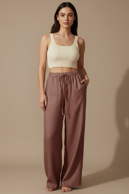 Pantalon Fluide Lin Cordon Ample Marron Confortable