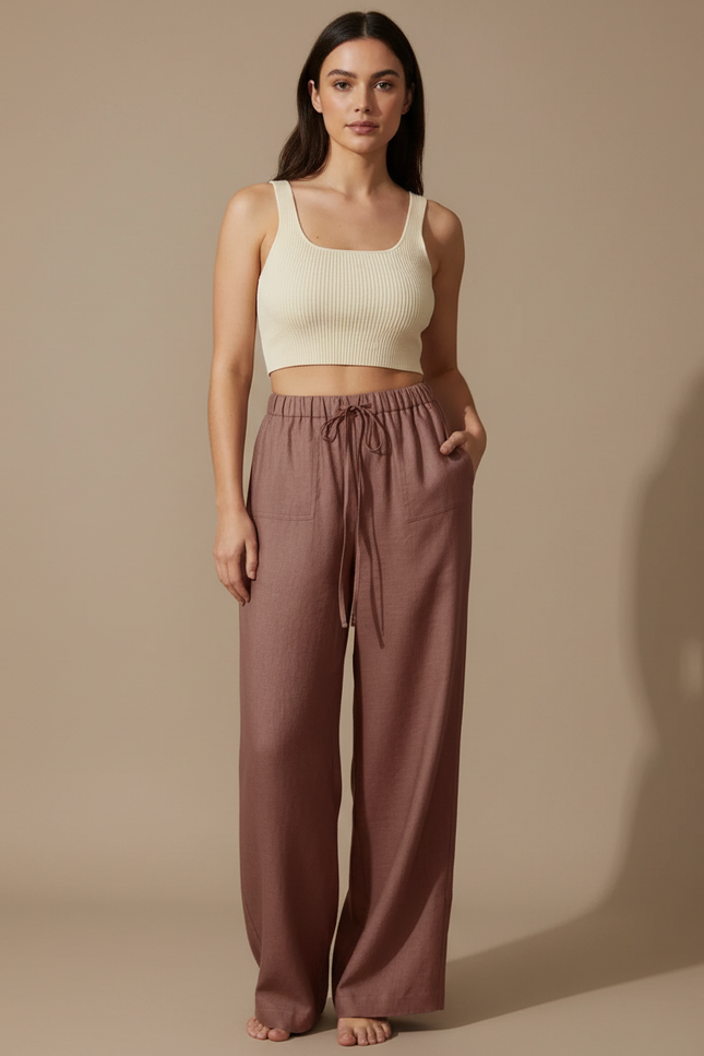 Pantalon Fluide Lin Cordon Ample Marron Confortable