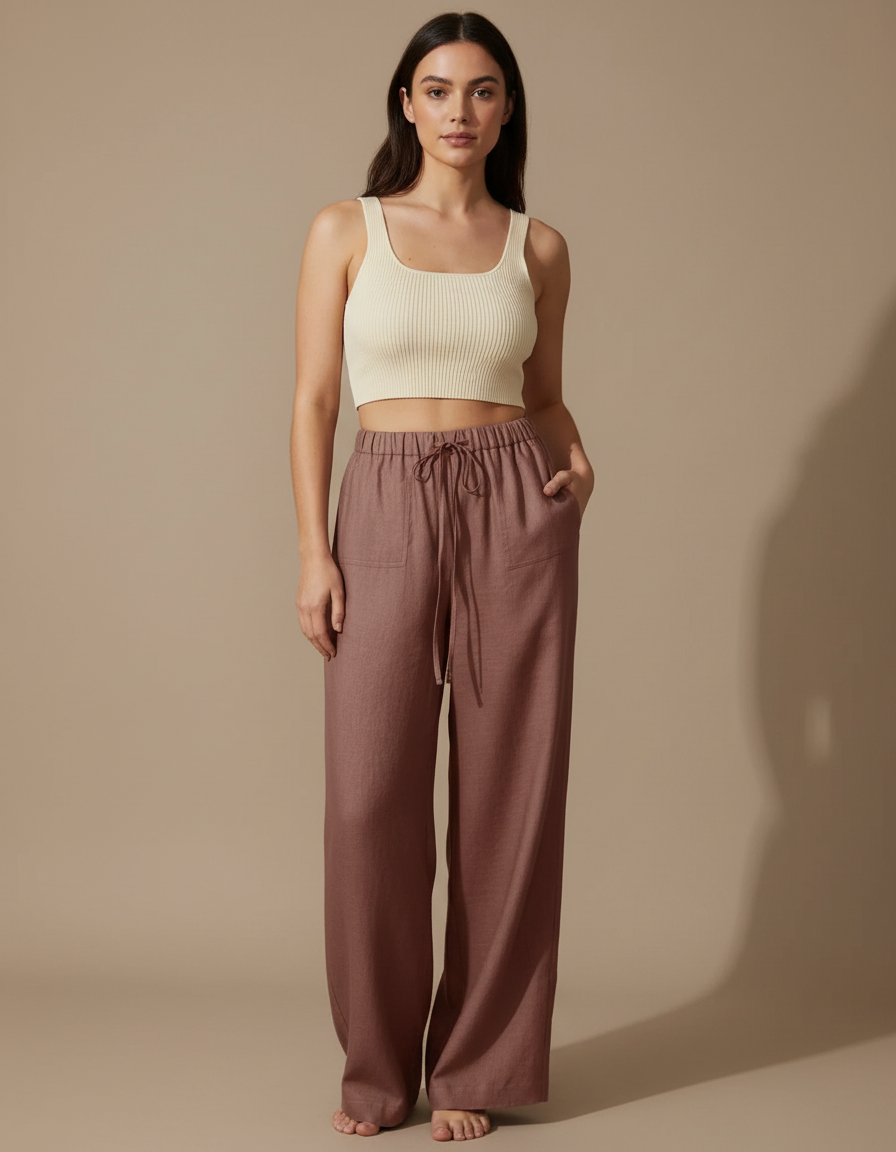 Pantalon Fluide Lin Cordon Ample Marron Confortable
