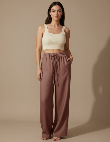 Pantalon Fluide Lin Cordon Ample Marron Confortable