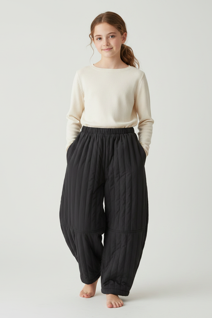 Pantalon Fluide Noir Matelassé Ample Hiver Enfant - Polyester