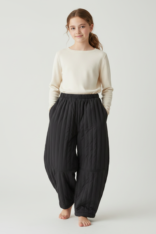 Pantalon Fluide Noir Matelassé Ample Hiver Enfant - Polyester
