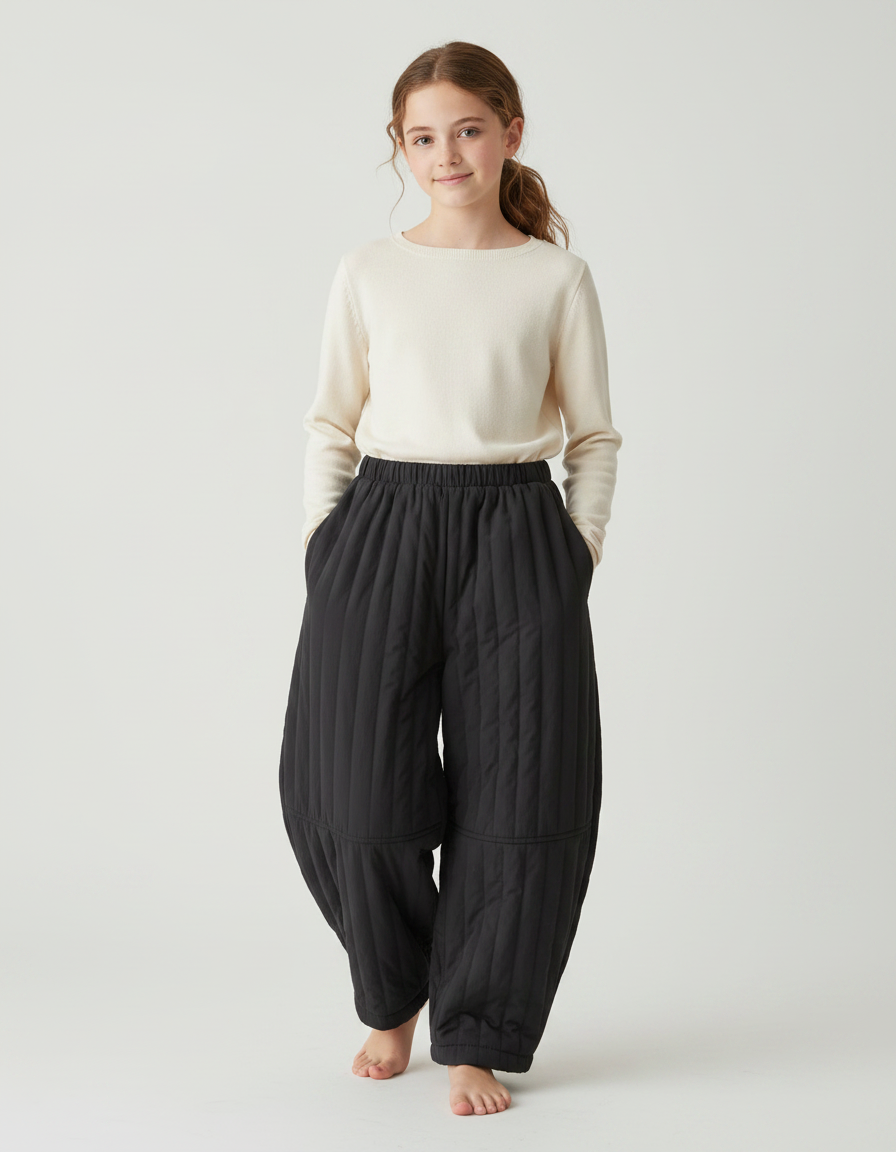 Pantalon Fluide Noir Matelassé Ample Hiver Enfant - Polyester
