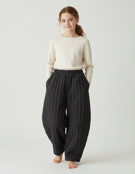 Pantalon Fluide Noir Matelassé Ample Hiver Enfant - Polyester