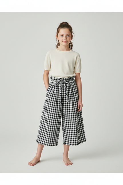 Pantalon Fluide Carreaux Vichy Ample Taille Haute Enfant - Imprimé Coton