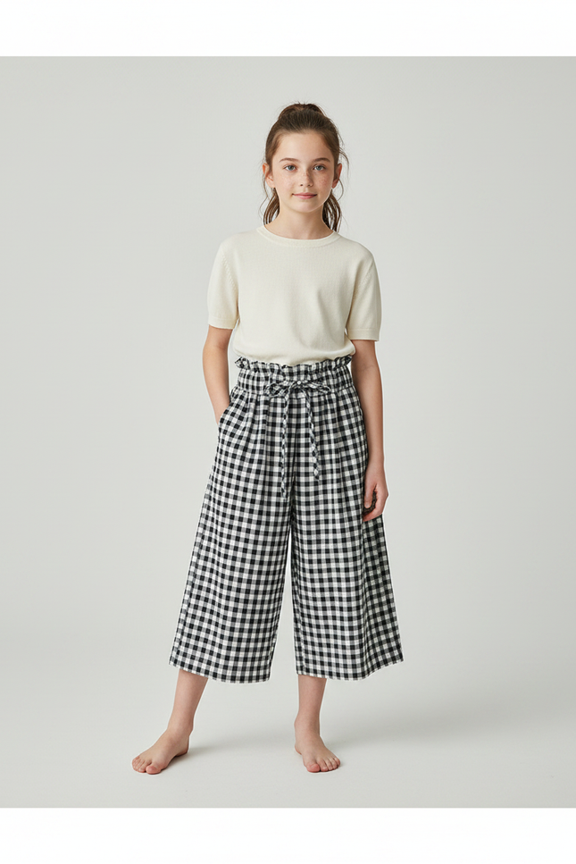 Pantalon Fluide Carreaux Vichy Ample Taille Haute Enfant - Imprimé Coton