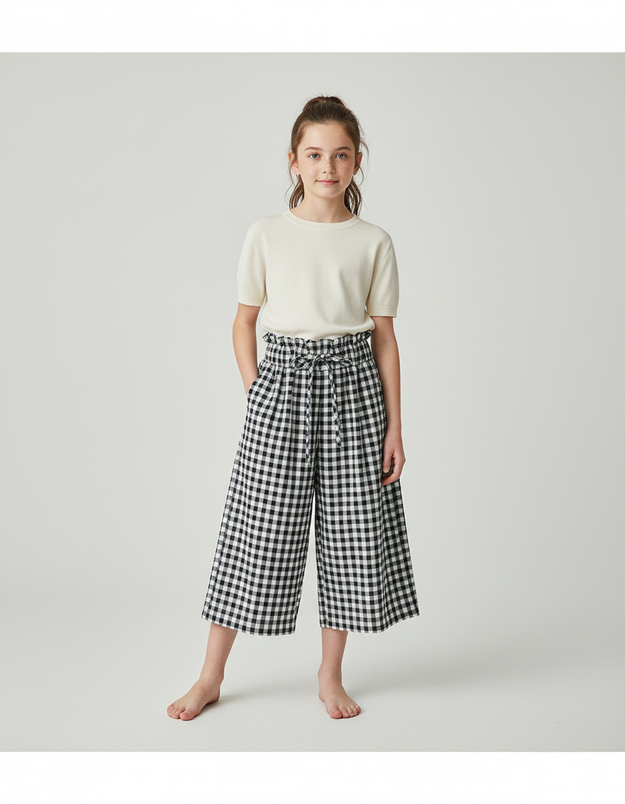 Pantalon Fluide Carreaux Vichy Ample Taille Haute Enfant - Imprimé Coton