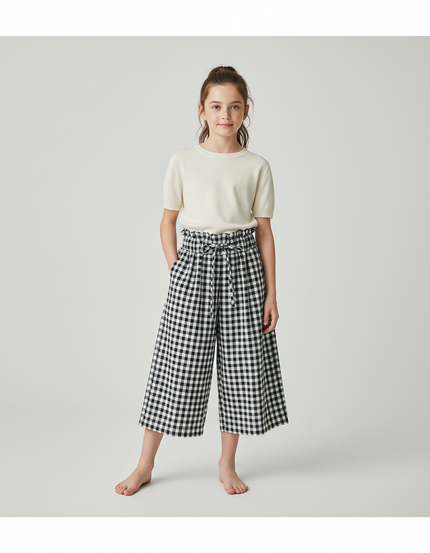 Pantalon Fluide Carreaux Vichy Ample Taille Haute Enfant - Imprimé Coton