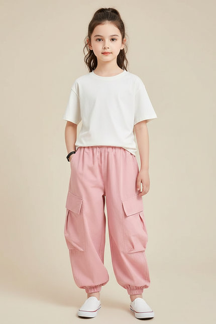 Pantalon Fluide Rose Cargo Ample Fille Casual - Coton