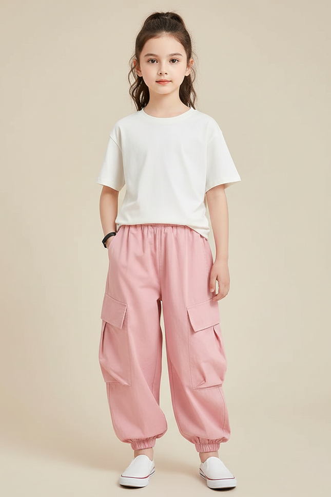 Pantalon Fluide Rose Cargo Ample Fille Casual - Coton