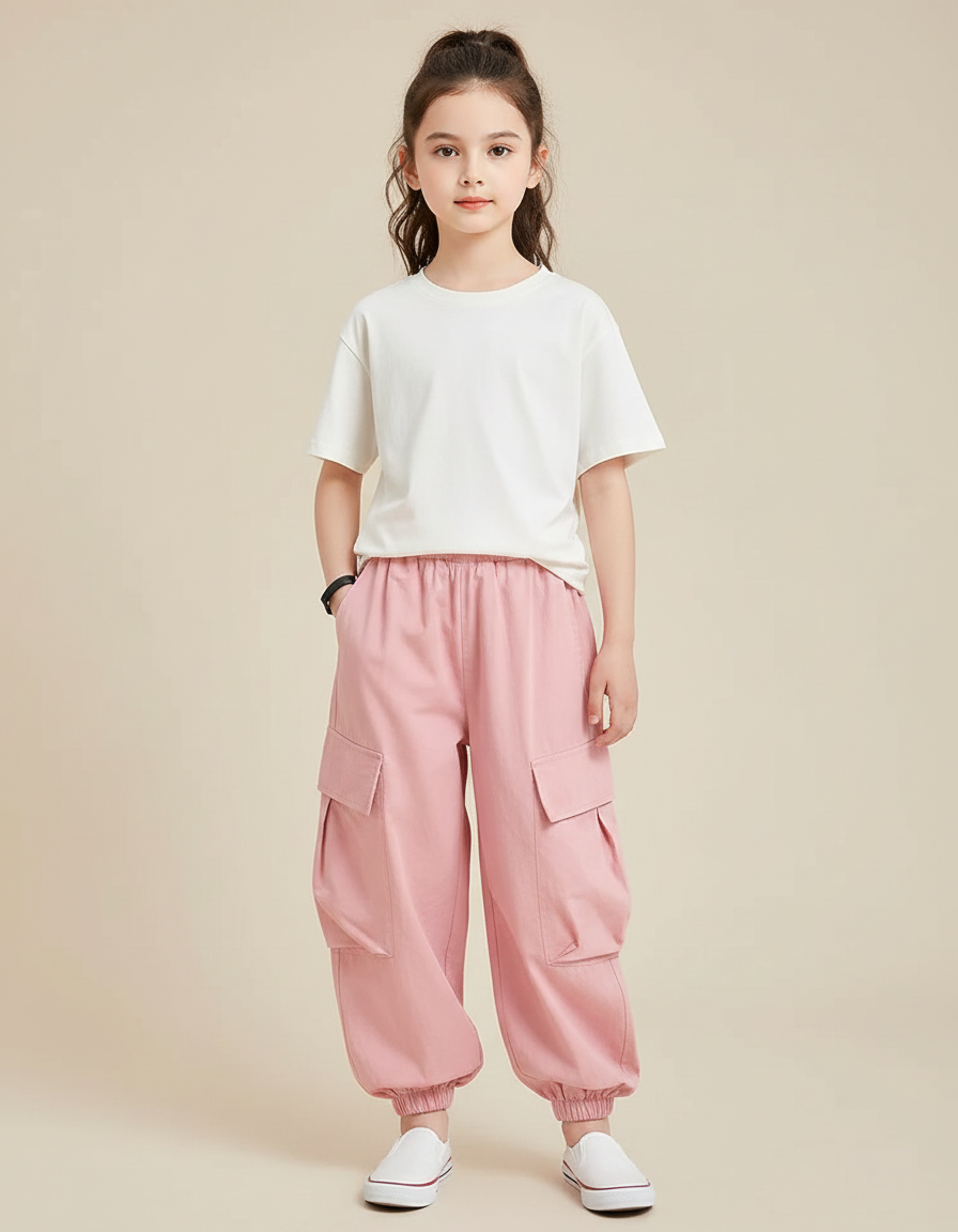 Pantalon Fluide Rose Cargo Ample Fille Casual - Coton