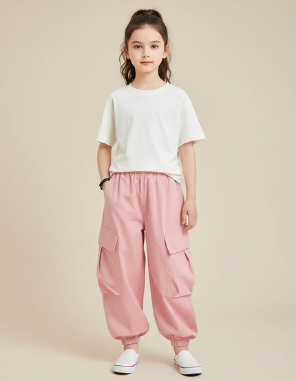 Pantalon Fluide Rose Cargo Ample Fille Casual - Coton