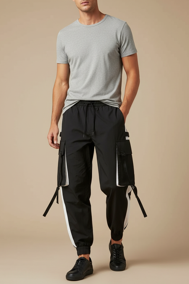 Pantalon Fluide Cargo Noir Blanc Sport Homme - Polyester