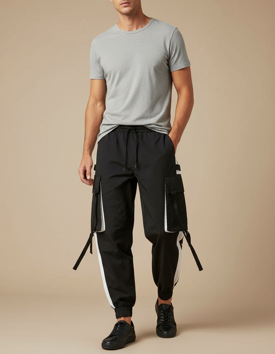 Pantalon Fluide Cargo Noir Blanc Sport Homme - Polyester