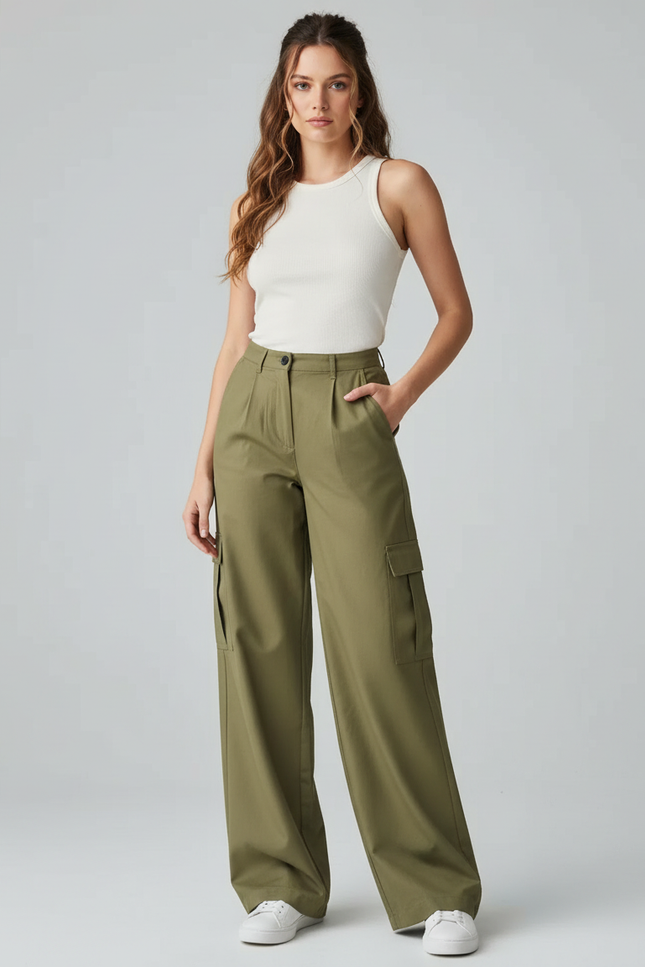 Pantalon Fluide Cargo Vert Ample Décontracté Femme - Kaki Gabardine