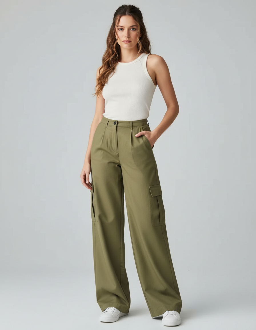 Pantalon Fluide Cargo Vert Ample Décontracté Femme - Kaki Gabardine