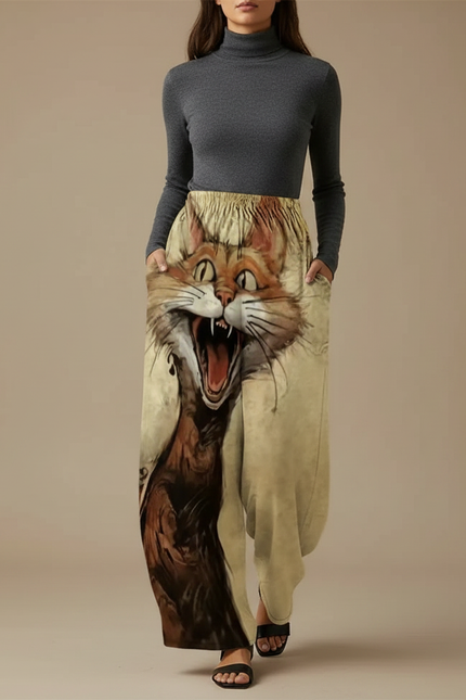 Pantalon Fluide Imprimé Chat Ample Décontracté Beige - Viscose