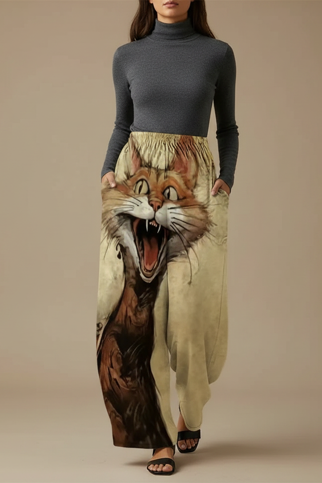 Pantalon Fluide Imprimé Chat Ample Décontracté Beige - Viscose