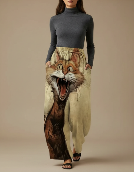 Pantalon Fluide Imprimé Chat Ample Décontracté Beige - Viscose