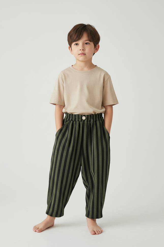 Pantalon Fluide Rayé Vert Noir Ample Coton Enfant - Kaki