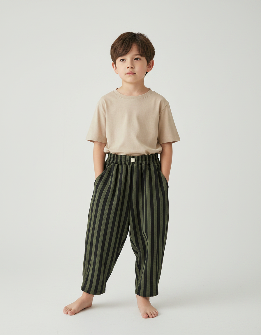 Pantalon Fluide Rayé Vert Noir Ample Coton Enfant - Kaki