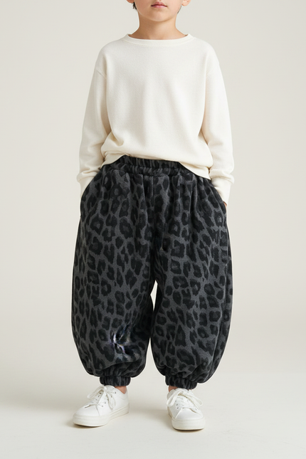 Pantalon Fluide Léopard Ample Polaire Élastique Chaud Enfant - Imprimé Molleton