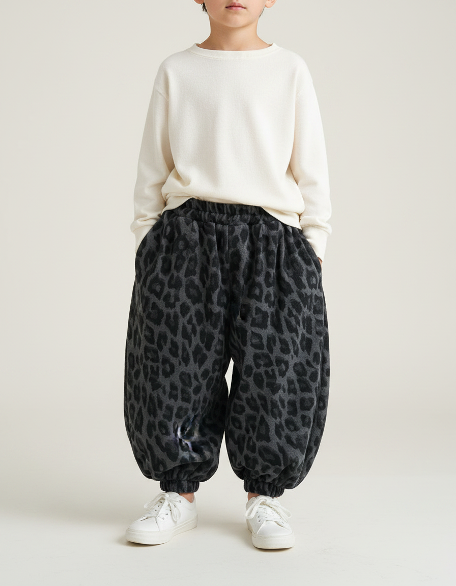 Pantalon Fluide Léopard Ample Polaire Élastique Chaud Enfant - Imprimé Molleton