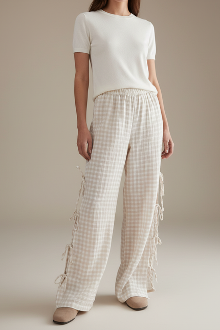 Pantalon Fluide Carreaux Vichy Beige Ample Liens Côtés - Lin