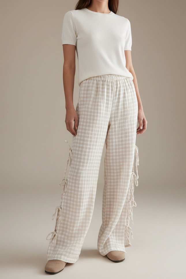Pantalon Fluide Carreaux Vichy Beige Ample Liens Côtés - Lin