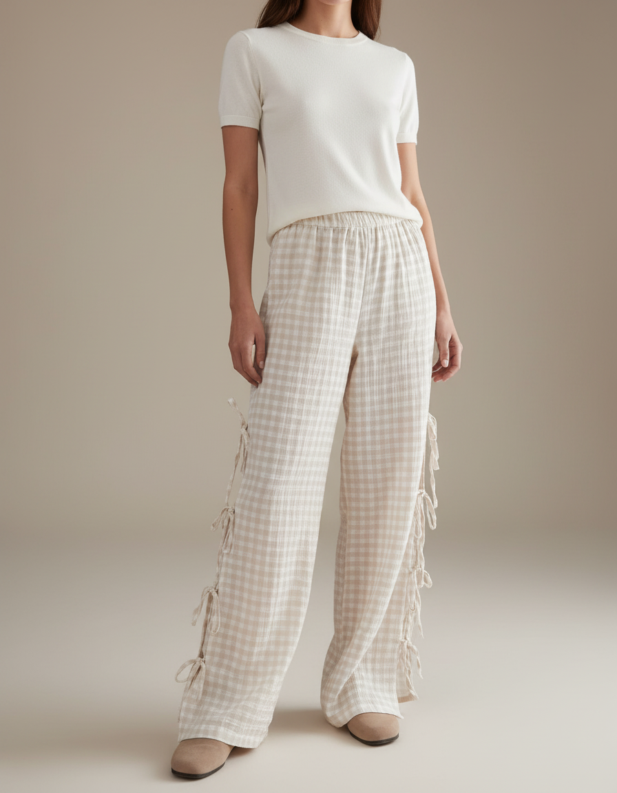 Pantalon Fluide Carreaux Vichy Beige Ample Liens Côtés - Lin