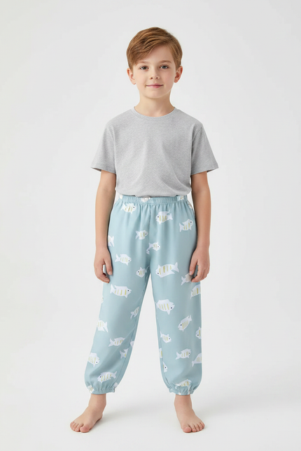 Pantalon Fluide Enfant Coton Bleu Poissons Ample